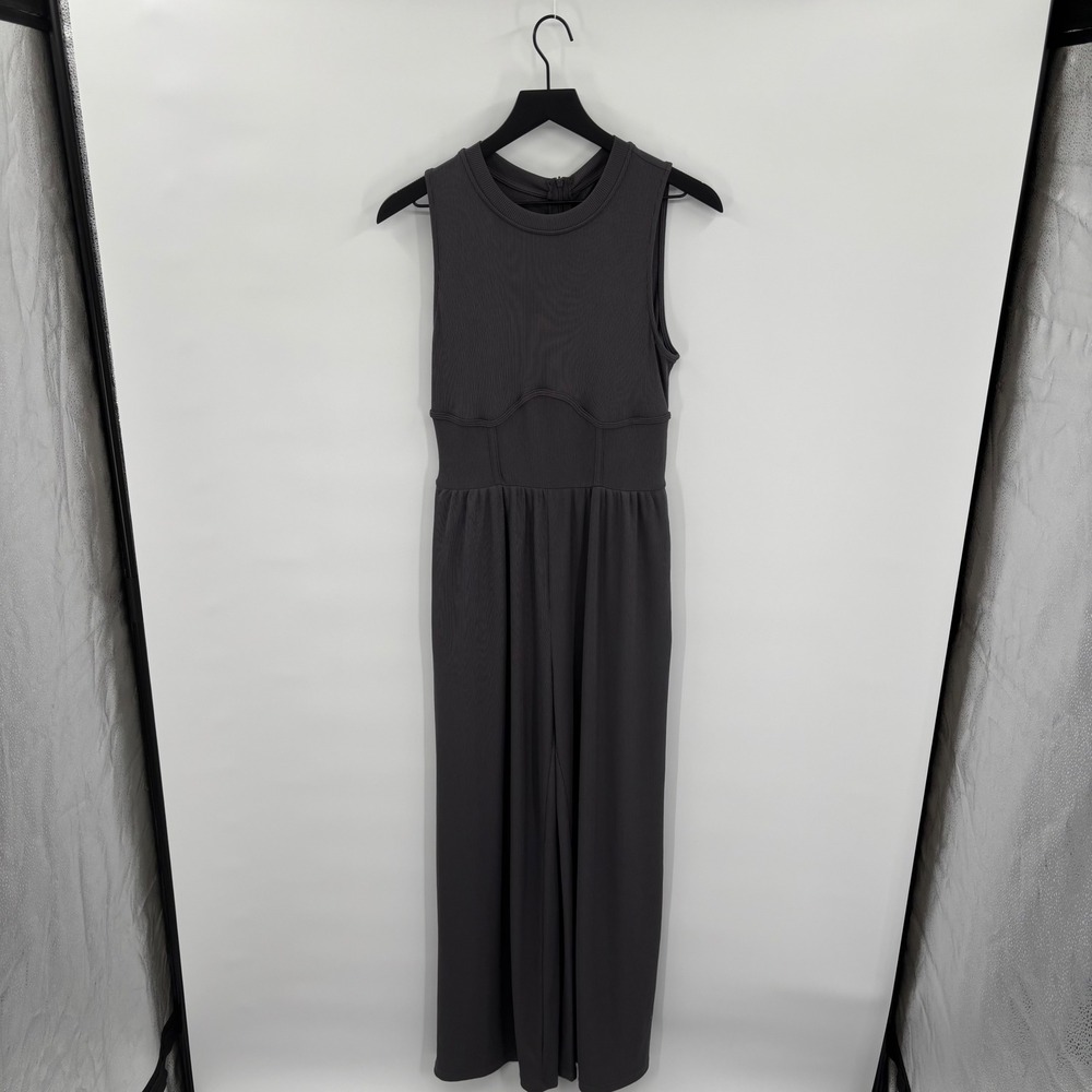 Ribbed Sleeveless‎ Wide Leg Jumpsuit Medium Gray Mock Neck Zipper Comfortcore